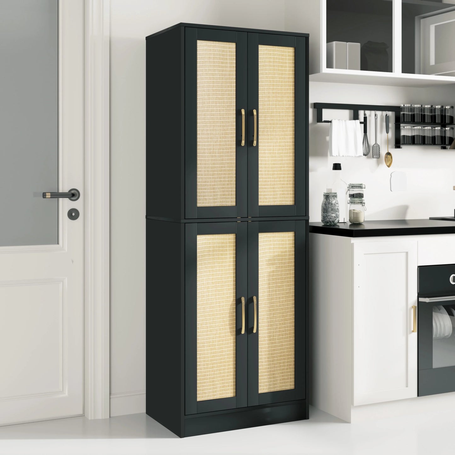 BOCVKENN Storage Cabinet - Kitchen Pantry Cabinet, Tall Pantry Storage Cabinet Freestanding with 4 Rattan Doors and Adjustable Shelves, Cupboard Cabinet for Dining Living Room, Laundry, Bathroom