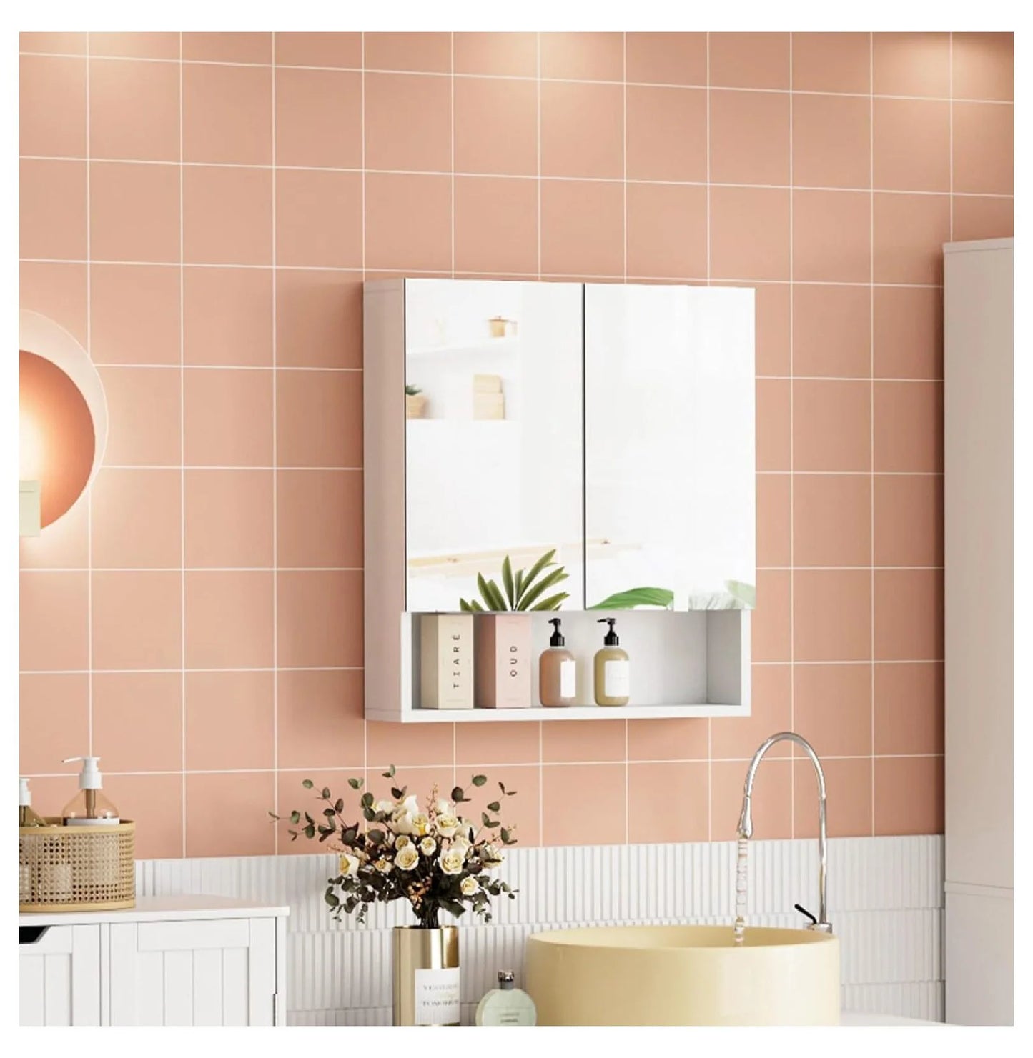 Bathroom Wall Cabinet Medicine Cabinet, Wall Mounted Bathroom Mirror with Storage Mirror Cabinet with 2 Doors and Adjustable Shelf, Laundry Living Room, White