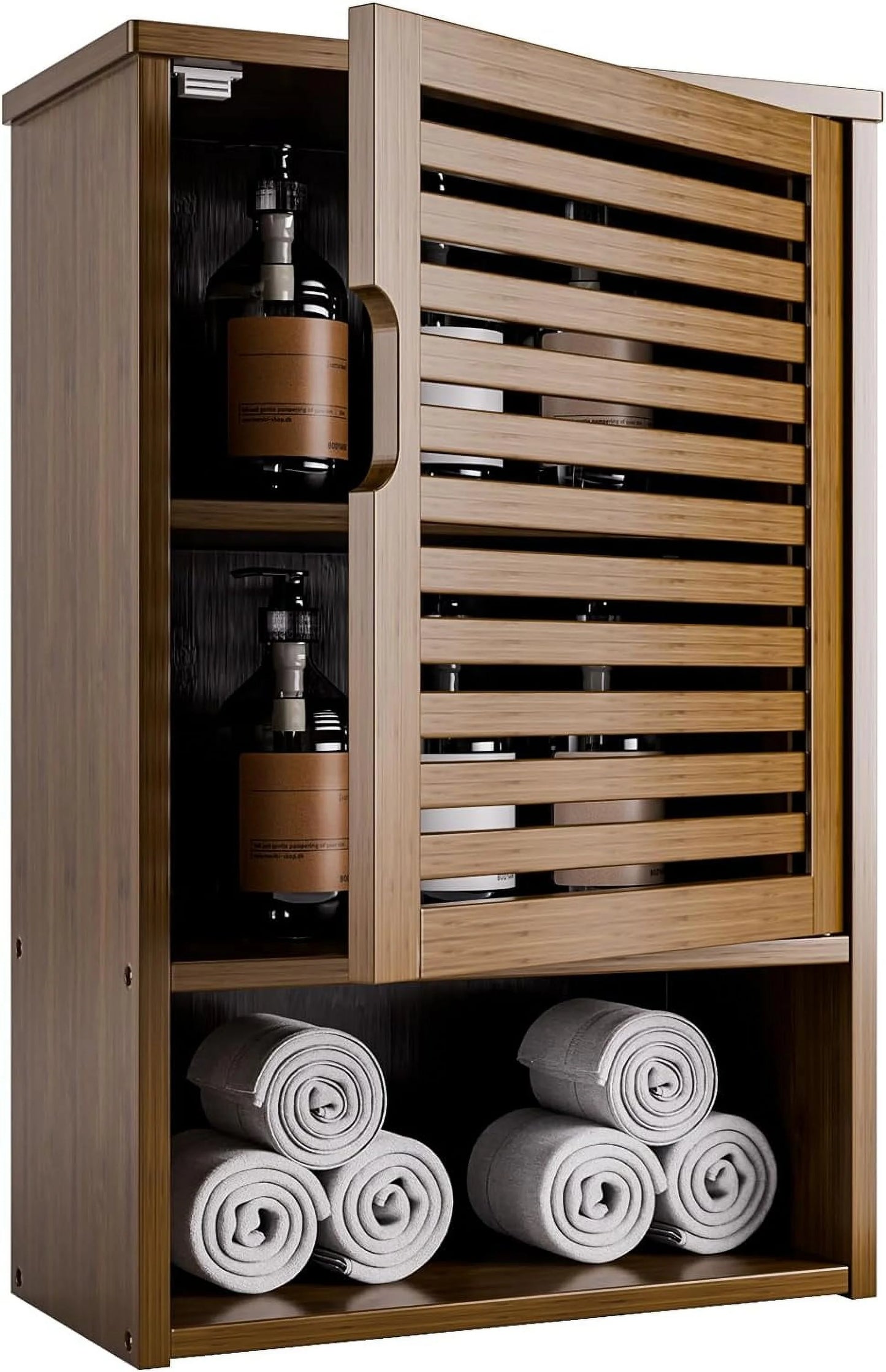 Bathroom Storage Cabinet Wall Mounted, Hanging Medicine Cabinet with Adjustable Shelf, Over The Toilet Space Saver Organizer, Black Bamboo Kitchen Cupboard, Single Door