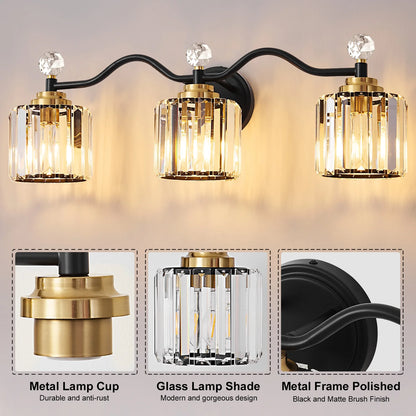 Deyidn 26" Modern 3-Light Black Gold Bathroom Vanity Light - Dimmable Bathroom Transitional Fixture with Crystal Glass Shades
