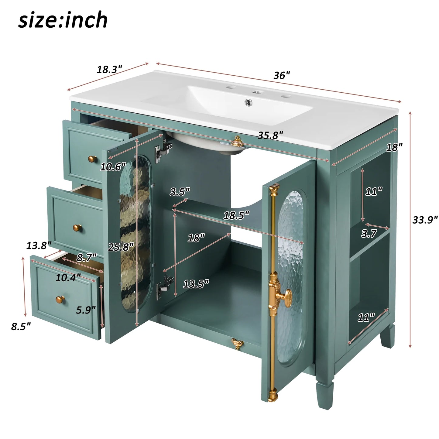 Euroco 36-inch Bathroom Vanity with 2 Soft Close Doors, Solid Wood Frame Modern Bathroom Storage Cabinet with 3 Drawers