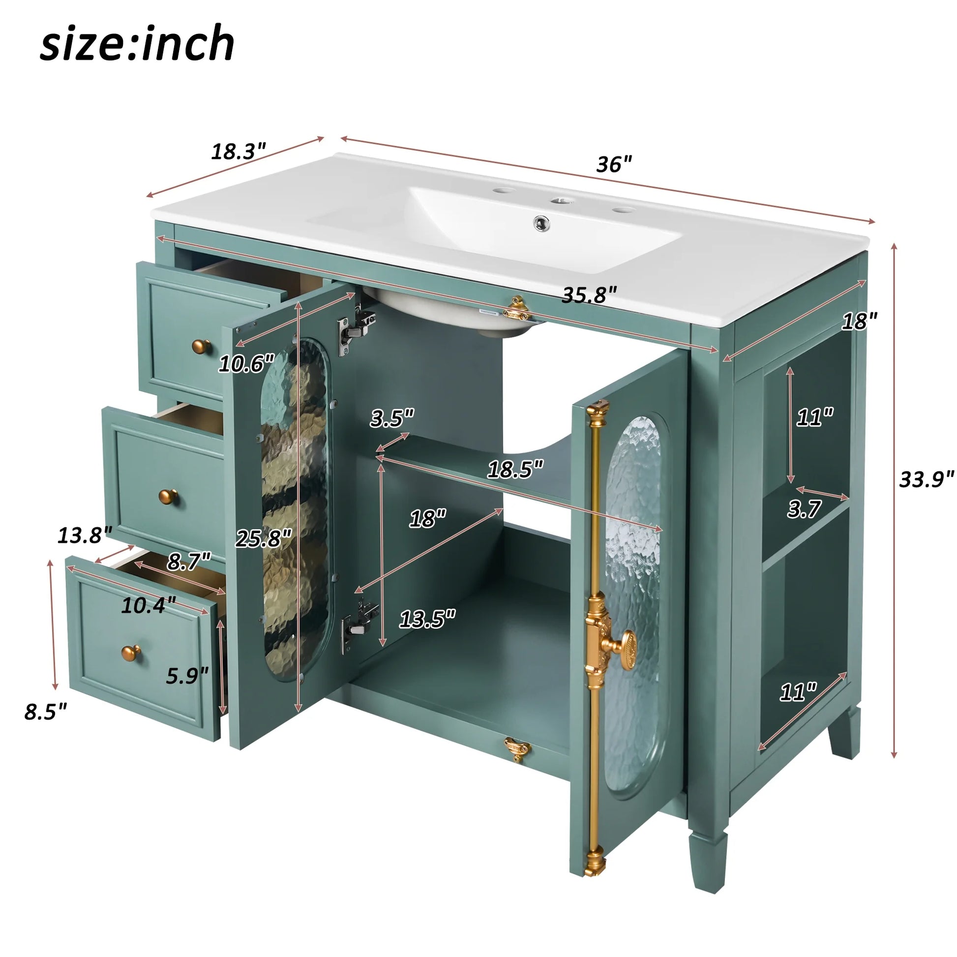 Euroco 36-inch Bathroom Vanity with 2 Soft Close Doors, Solid Wood Frame Modern Bathroom Storage Cabinet with 3 Drawers