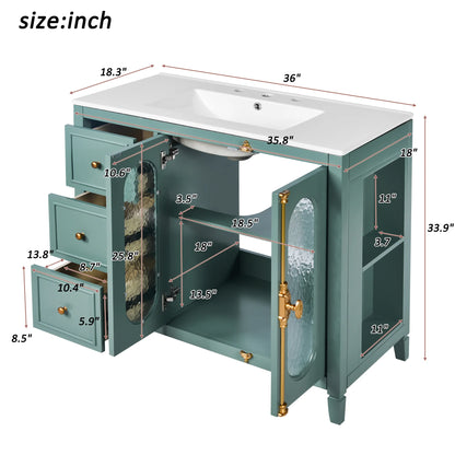 Euroco 36-inch Bathroom Vanity with 2 Soft Close Doors, Solid Wood Frame Modern Bathroom Storage Cabinet with 3 Drawers