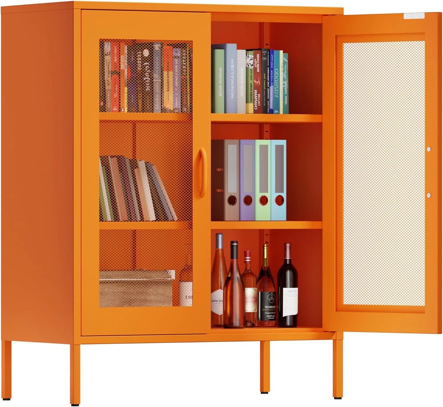 White Metal Cabinet with Doors and Shelves,Metal Locker Storage Cabinet with Leg,3-Tier Office Cabinet,Metal Shelf Cabinet for Home Office,Bathroom,Coffee Bar,Balcony