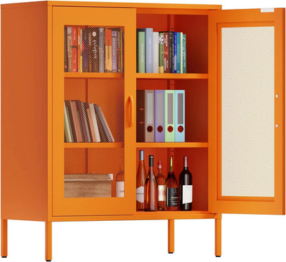 White Metal Cabinet with Doors and Shelves,Metal Locker Storage Cabinet with Leg,3-Tier Office Cabinet,Metal Shelf Cabinet for Home Office,Bathroom,Coffee Bar,Balcony