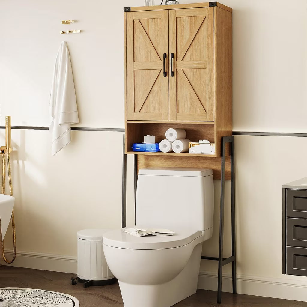 Vabches Over The Toilet Storage Cabinet, 68" H Farmhouse Freestanding Bathroom Storage Organizer with Double Doors & Storage Shelves