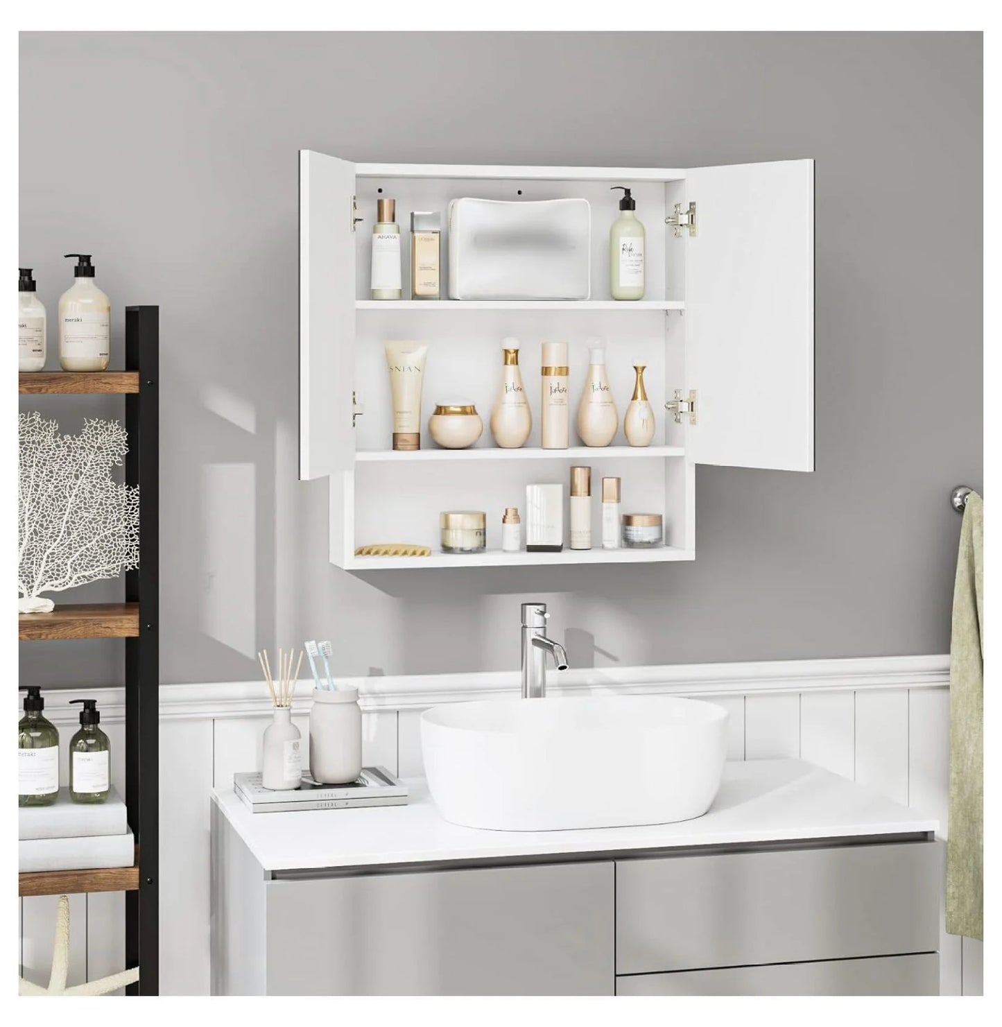 Bathroom Wall Cabinet Medicine Cabinet, Wall Mounted Bathroom Mirror with Storage Mirror Cabinet with 2 Doors and Adjustable Shelf, Laundry Living Room, White