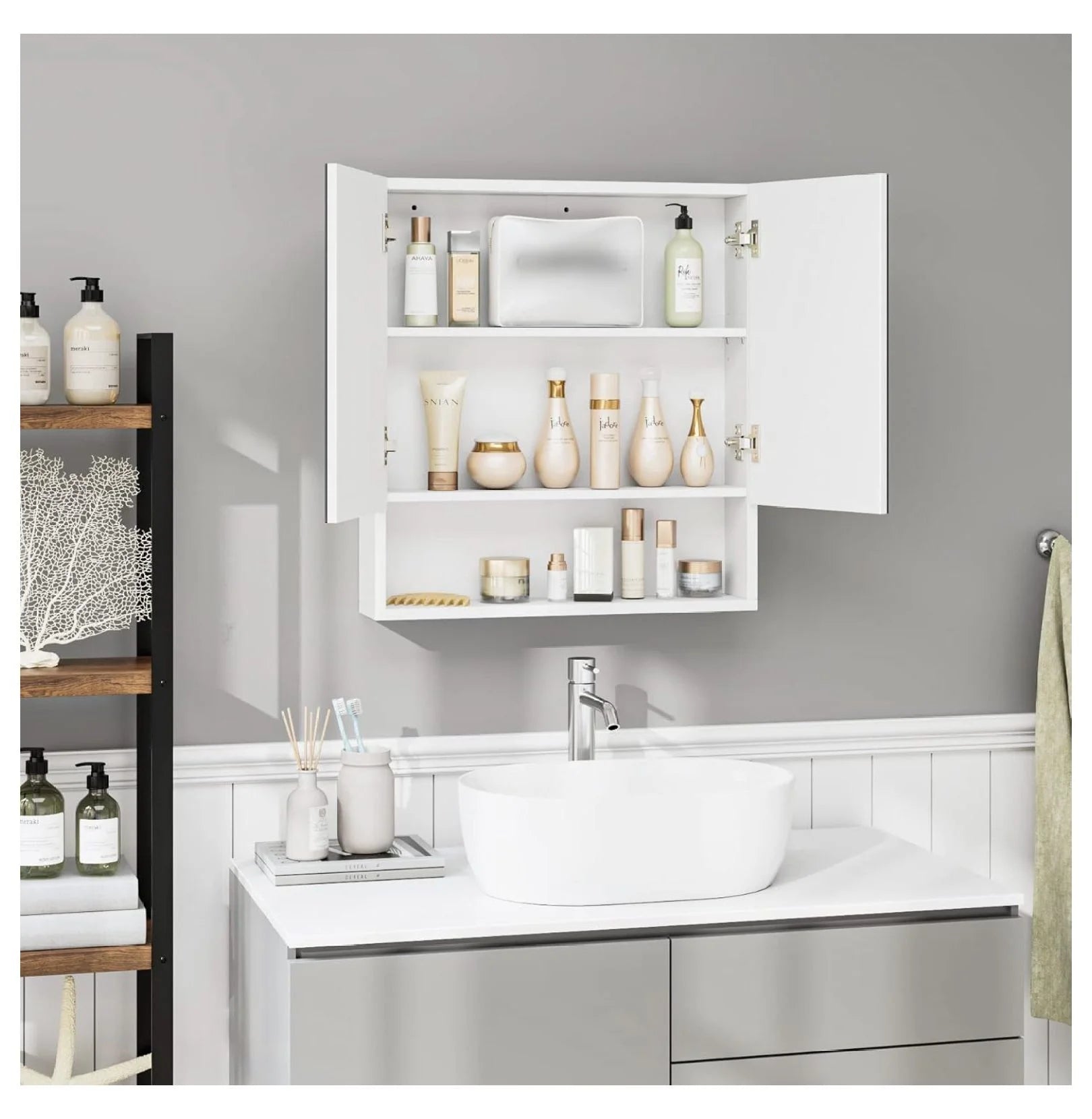 Bathroom Wall Cabinet Medicine Cabinet, Wall Mounted Bathroom Mirror with Storage Mirror Cabinet with 2 Doors and Adjustable Shelf, Laundry Living Room, White