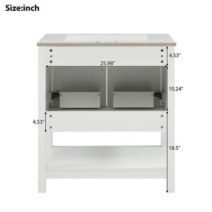 30-Inch White Bathroom Vanity with Ceramic Sink and Versatile Storage - Ideal for Small Bathrooms, White