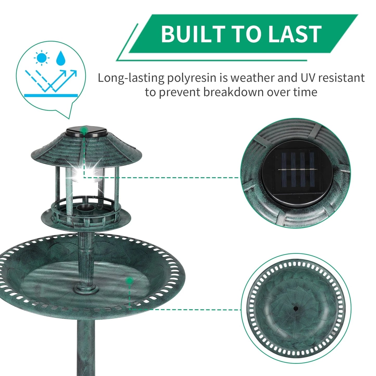 Ktaxon Wild Bird Bath Resin Pedestal Birdbaths with Solar Light Antique Sculpture Finish Garden Decor Dark Green