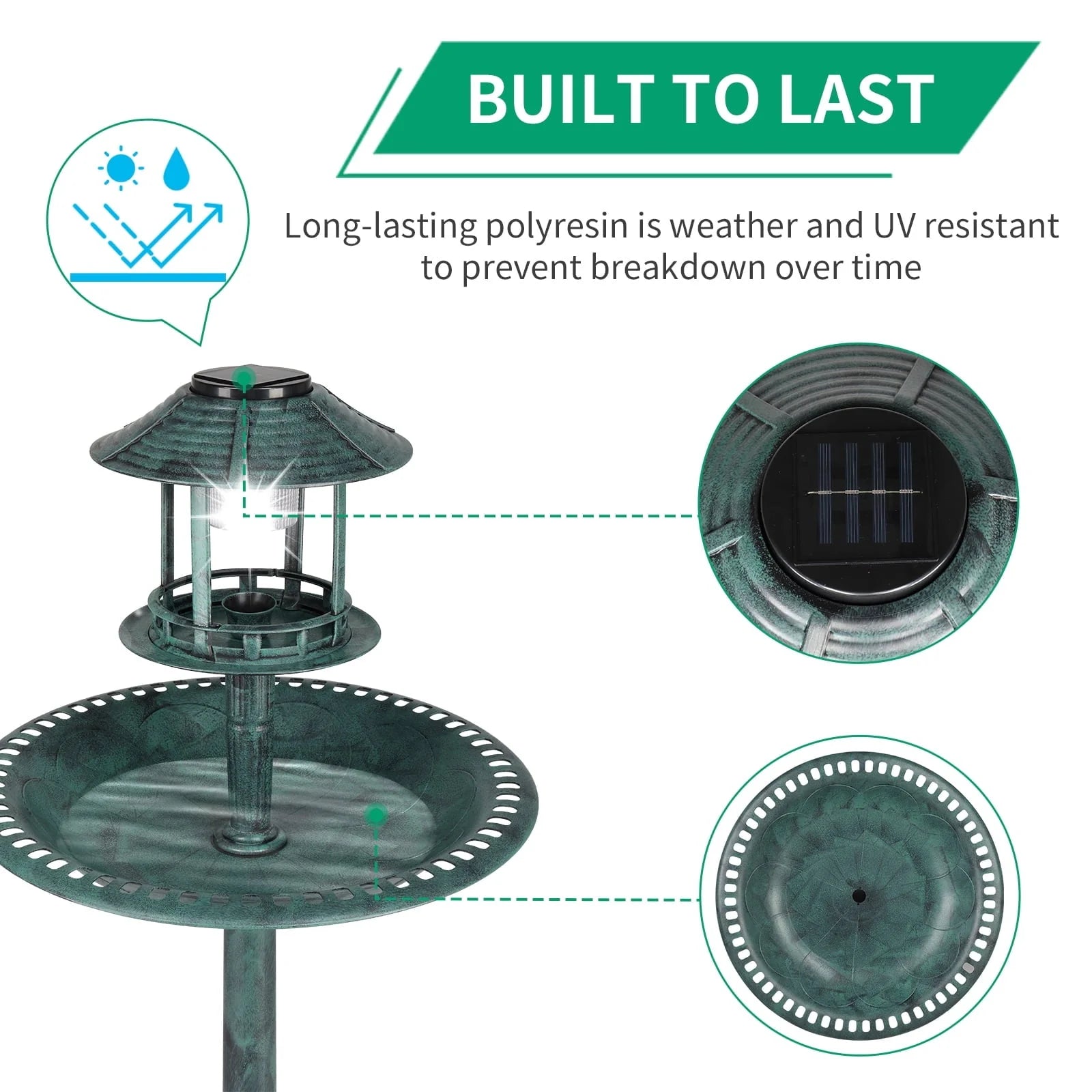Ktaxon Wild Bird Bath Resin Pedestal Birdbaths with Solar Light Antique Sculpture Finish Garden Decor Dark Green