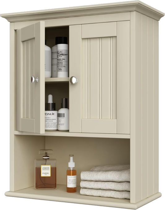 Wood Wall Cabinet, Bathroom Medicine Cabinet Storage with Doors and Adjustable Shelf, Rustic Cabinet Wall Mounted for Bathroom, Living Room, Kitchen, Yellow