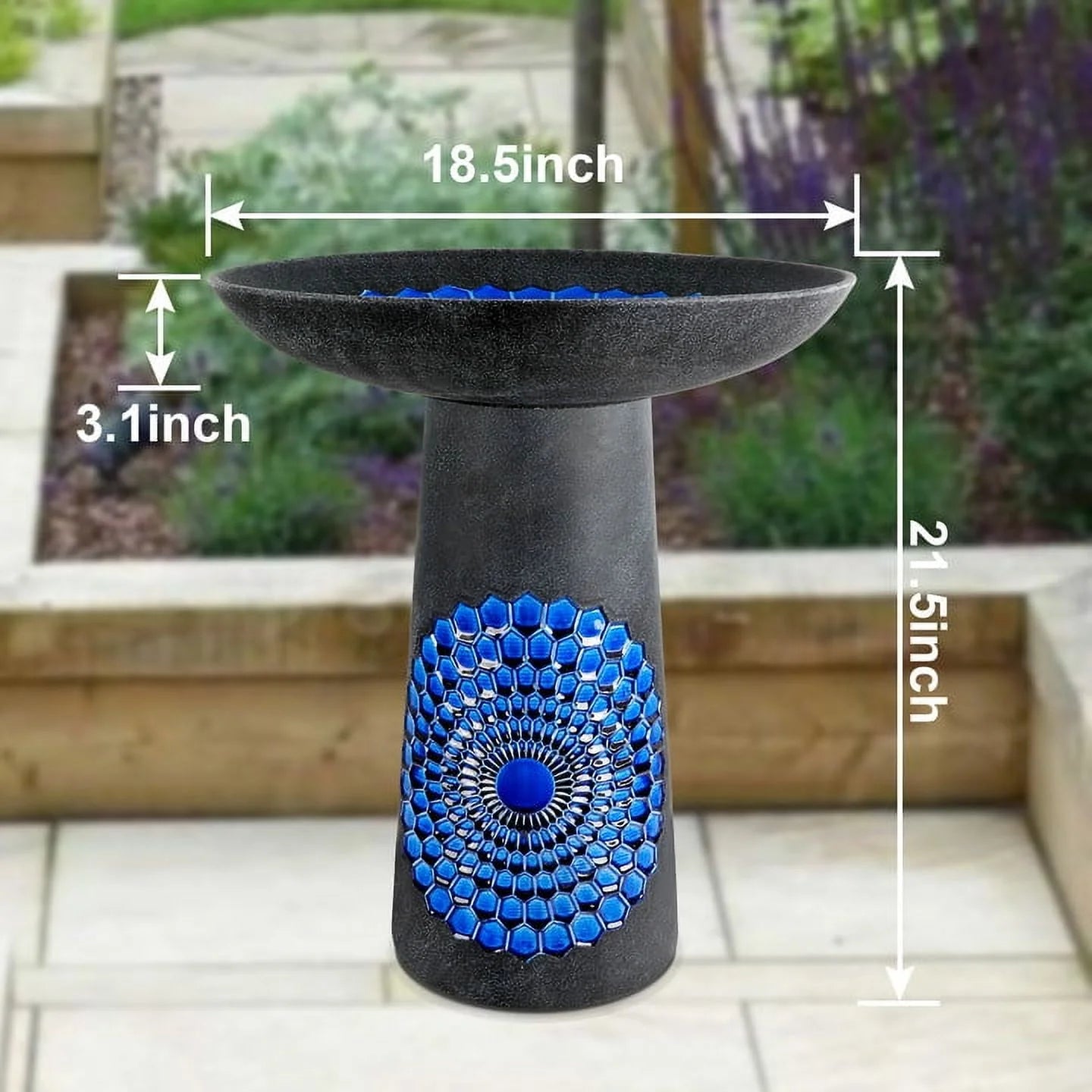 BUYMAX Tall Ceramic Bird Bath for Garden, UV-Resistant, Diamond Blue Grey