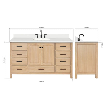 ARIEL Cambridge 61 Inch Single Rectangle Sink Bathroom Vanity With Pure White Quartz Countertop 1.5 Inch Edge In Oak