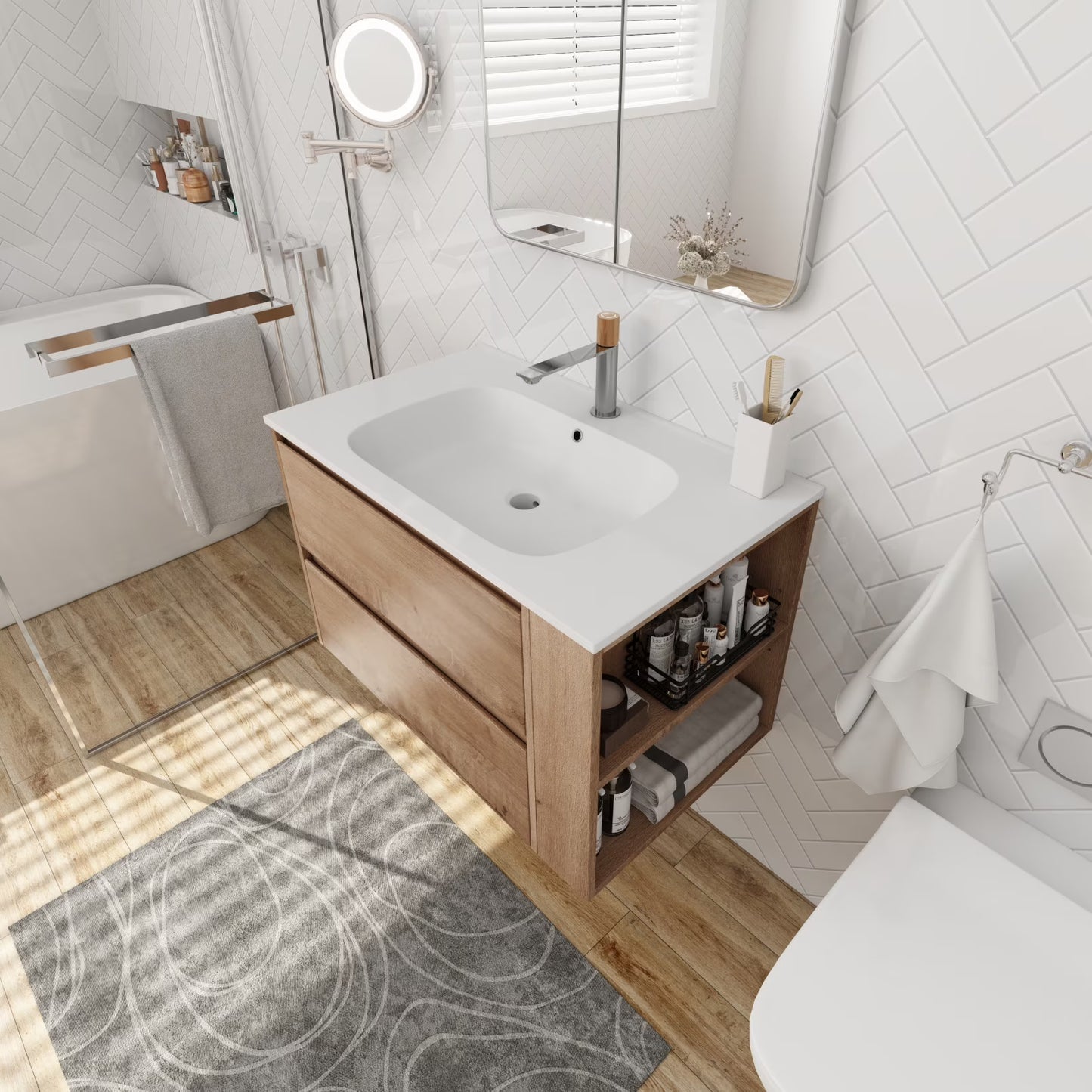 30" Bathroom Vanity with Sink Set, Wall Mounted Floating Bathroom Vanities with Adjustable Shelf and Storage Drawers Vanity and Sink Combo, Bathroom Storage Combo Cabinet for Small Space, White