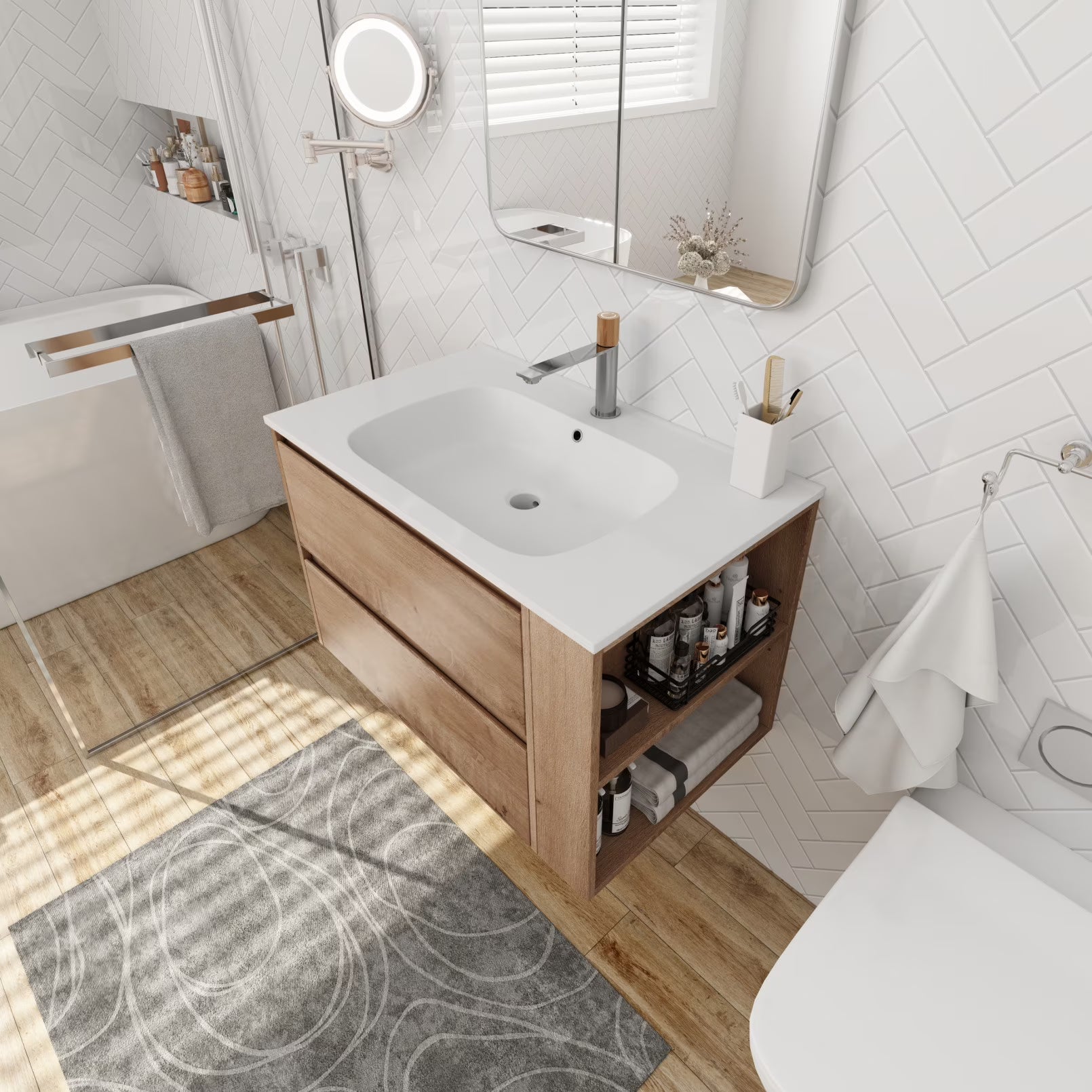 30" Bathroom Vanity with Sink Set, Wall Mounted Floating Bathroom Vanities with Adjustable Shelf and Storage Drawers Vanity and Sink Combo, Bathroom Storage Combo Cabinet for Small Space, White