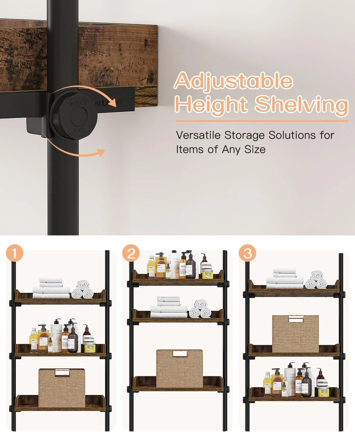 Adjustable Over The Toilet Storage Cabinet, Tension Mount Bathroom Organizers and Storage Over Toilet with 3 Tier Shelves, Over Toilet Bathroom Organizer Fit 92-116 Inch Tall, Rustic Brown