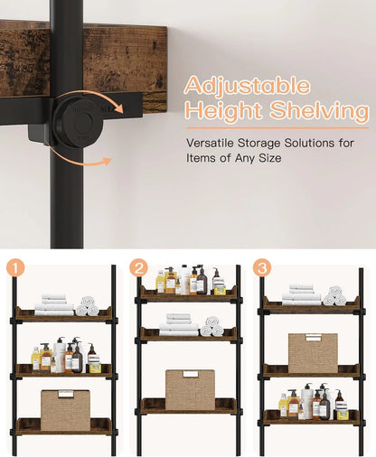 Adjustable Over The Toilet Storage Cabinet, Tension Mount Bathroom Organizers and Storage Over Toilet with 3 Tier Shelves, Over Toilet Bathroom Organizer Fit 92-116 Inch Tall, Rustic Brown