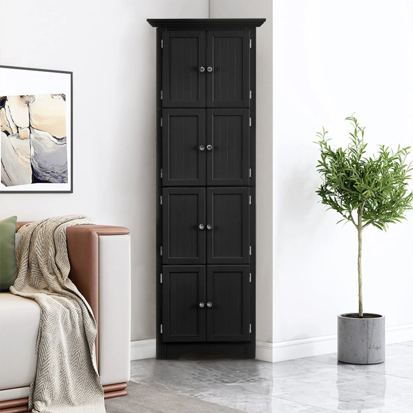 Freestanding Tall Storage Cabinet with 4 Doors and 4 Shelves, Large Bathroom Cabinet, Freestanding Kitchen Pantry Cabinet for Living Room, Kitchen, Dining Room, Office
