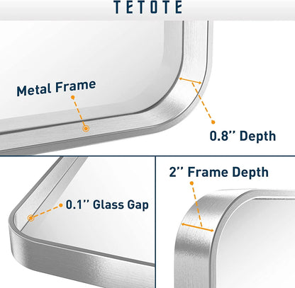 Tetote Silver Bathroom Mirror, 24 x 36 inch Wall Mounted Rectangle Brushed Nickel Metal Framed Modern Vanity Mirror (Horizontal/Vertical)