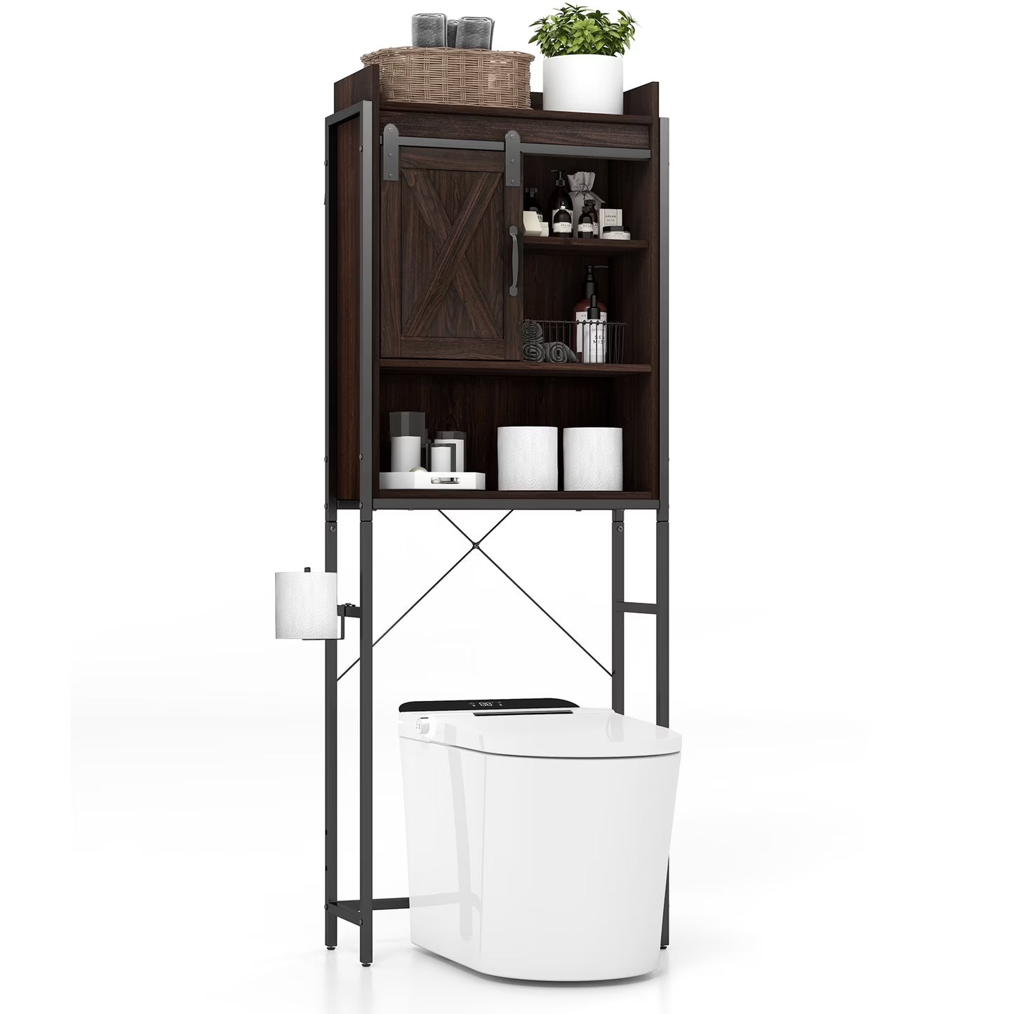 Topbuy Over The Toilet Storage Cabinet 4-Tier Bathroom Organizer w/ Adjustable Shelves Sliding Barn Door & Toilet Paper Holder Rustic Brown