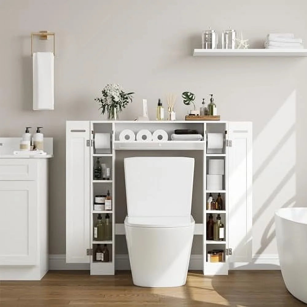 Over The Toilet Storage Cabinet, Bathroom Space Saver with Paper Holder and Adjustable Shelves, Freestanding Toilet Cabinet Organizer with 2 Side Doors and Pull-Down Door, White