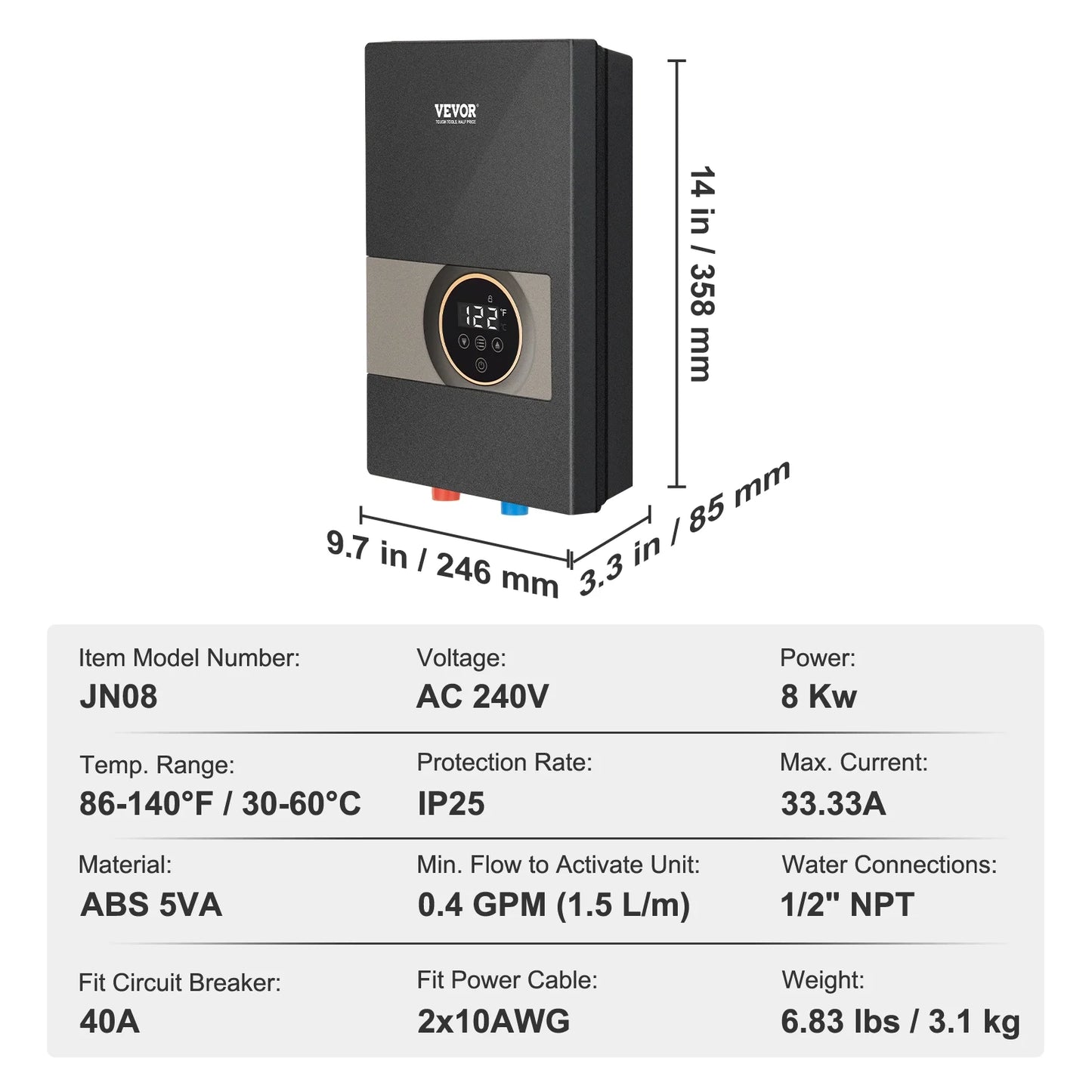 VEVOR Instant Water Heater, 8kw On Demand Electric Tankless Water Boiler, Digital Temperature Display & Easy Installation & 24-Hour Water Supply, For Kitchen Bathroom Shower Mall Salon ETL Listed