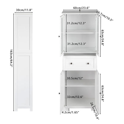 UBesGoo 64"H Pantry Cabinet, Tall Bathroom Closet Storage Organizer, with 2 Glass Doors Cabinets & Large Drawer, for Kitchen Living Room Bedroom Laundry Room Entryway Office, White