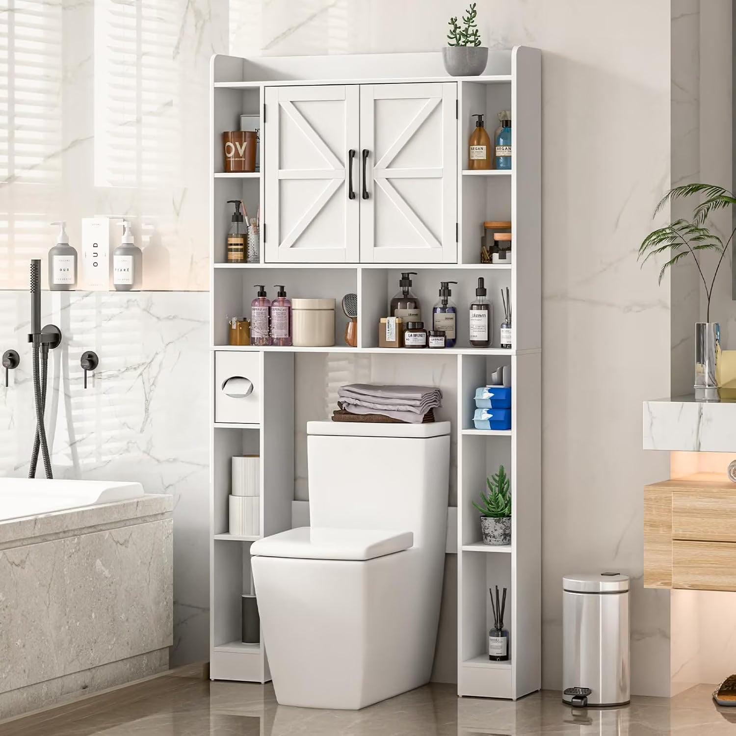Vabches Over The Toilet Storage Cabinet, Freestanding Bathroom Space Saver with Adjustable Shelf and 2 Doors