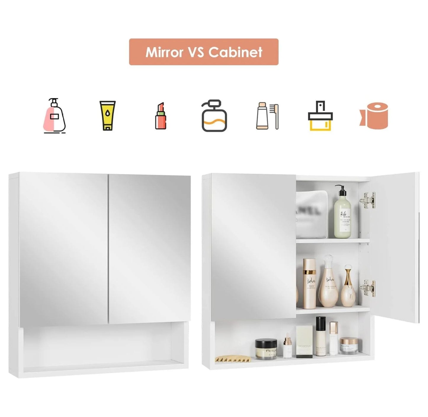 Bathroom Wall Cabinet Medicine Cabinet, Wall Mounted Bathroom Mirror with Storage Mirror Cabinet with 2 Doors and Adjustable Shelf, Laundry Living Room, White