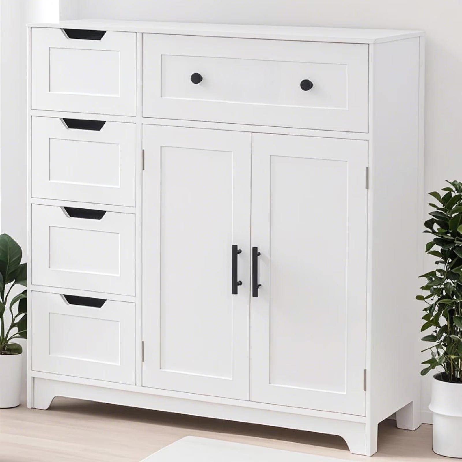 Ktaxon Wooden Bathroom Floor Cabinet with 4 Drawers & 1 Cupboard for Living Room Entryway, White