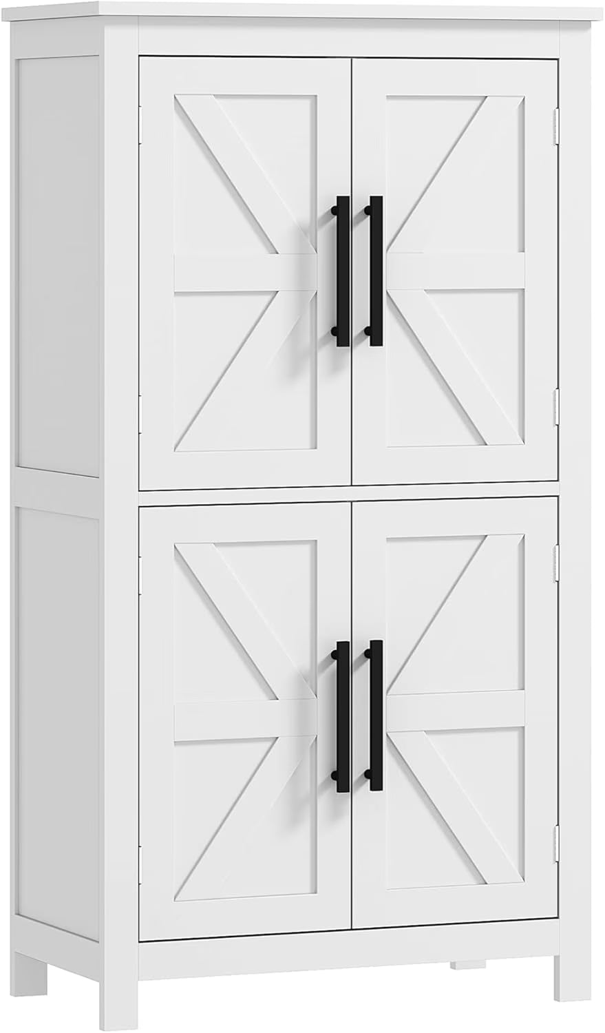 ZIRAV Farmhouse Bathroom Storage Cabinet with 4 Barn Doors, Bathroom Floor Cabinet with 2 Adjustable Shelf, Freestanding Storage Cupboard, White