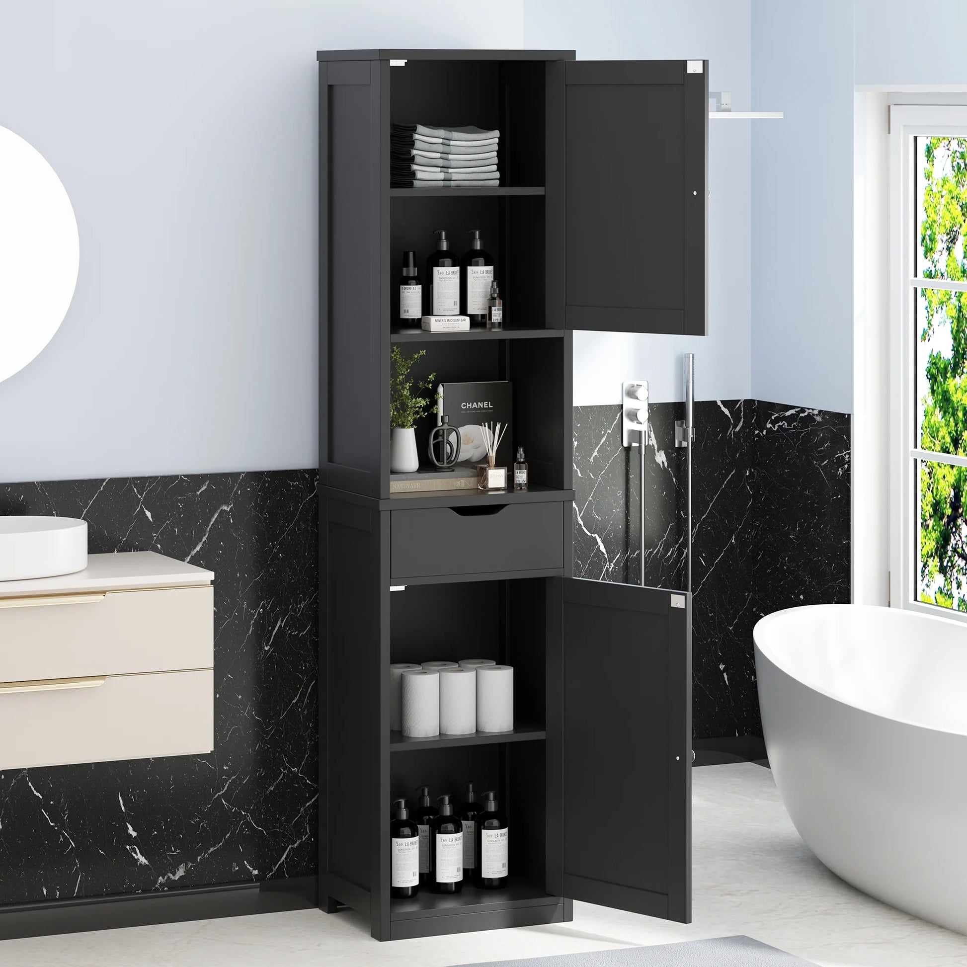 Walsunny Bathroom Storage Cabinet 64" Tall Wooden Kitchen Cupboard Pantry Cabinet with Doors Shelves Drawer Black