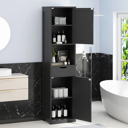 Walsunny Bathroom Storage Cabinet 64" Tall Wooden Kitchen Cupboard Pantry Cabinet with Doors Shelves Drawer Black