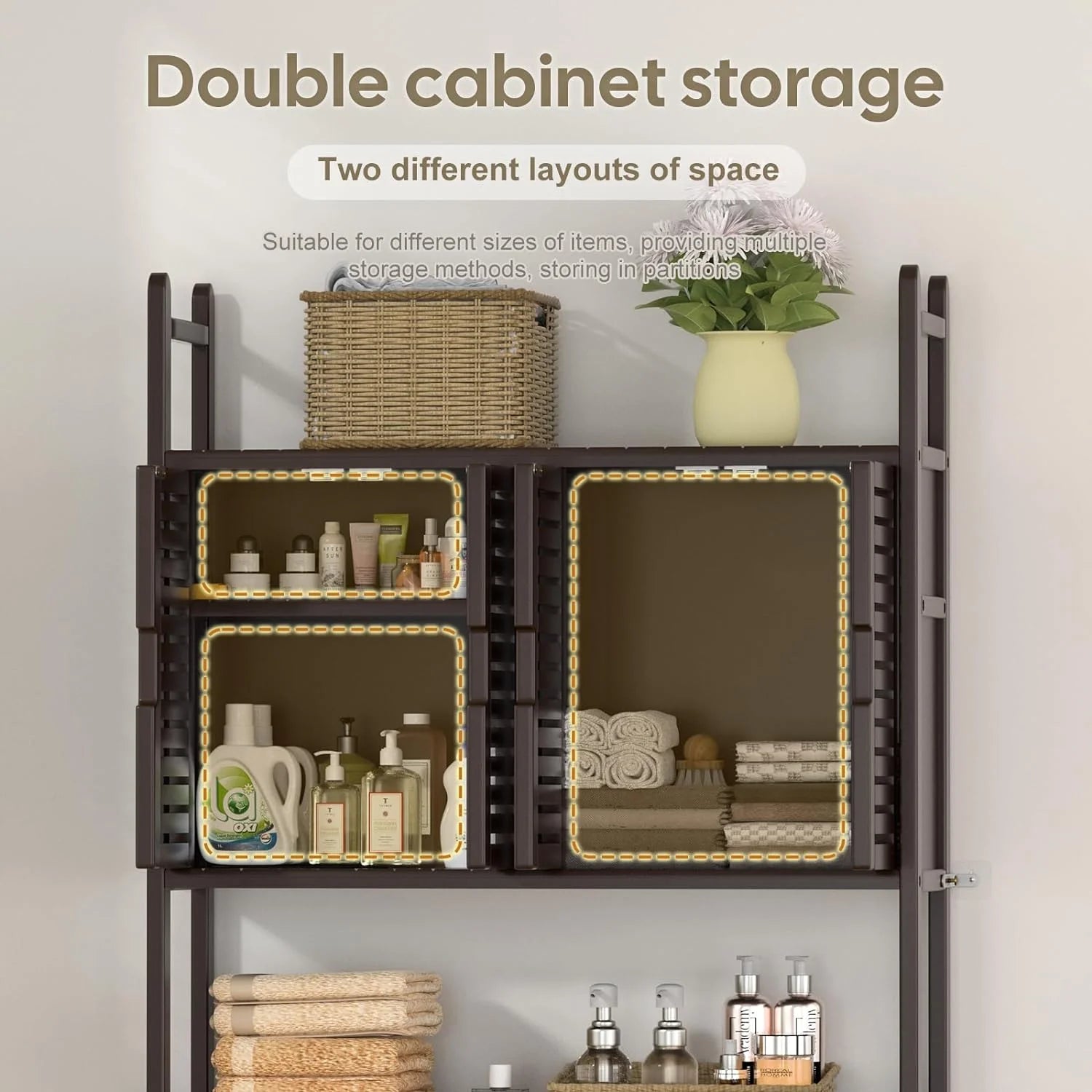 Over The Toilet Storage Cabinet with Paper Holder Stand,Bamboo Bathroom Organizer Shelf with Four Door and Waterproof Feet Pad,Space Saver Rack with Anti-Tip Design (Brown)
