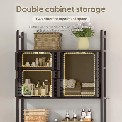 Over The Toilet Storage Cabinet with Paper Holder Stand,Bamboo Bathroom Organizer Shelf with Four Door and Waterproof Feet Pad,Space Saver Rack with Anti-Tip Design (Brown)