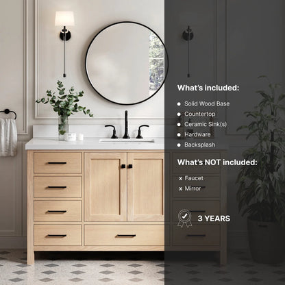 ARIEL Cambridge 61 Inch Single Rectangle Sink Bathroom Vanity With Pure White Quartz Countertop 1.5 Inch Edge In Oak