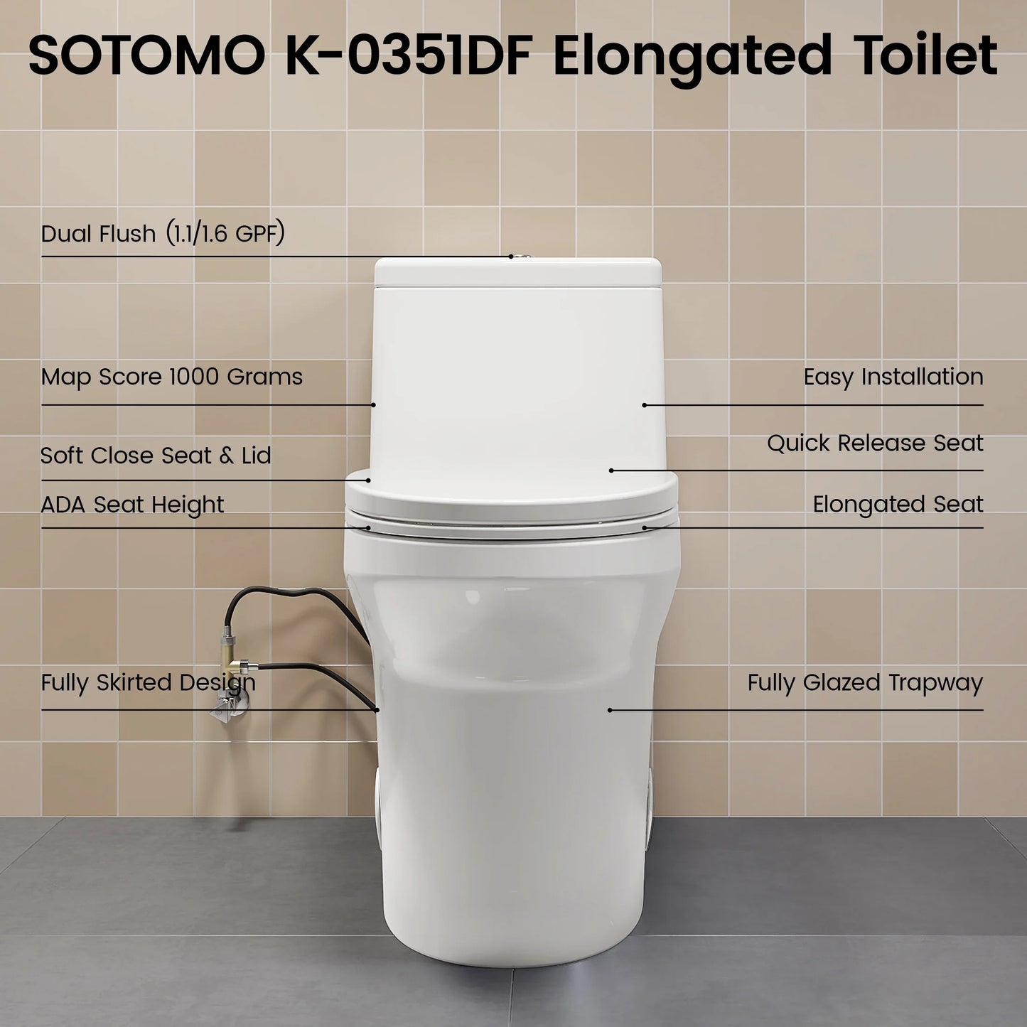SOTOMO Elongated ADA Compliant One Piece Toilet, 17.2" Comfort Seat Height, 1.1/1.6 GPF Dual Flush, MAP 1000g, Soft-Close & Quick Release Seat, 12" Rough-In, Fully Skirted Toilet for Bathroom