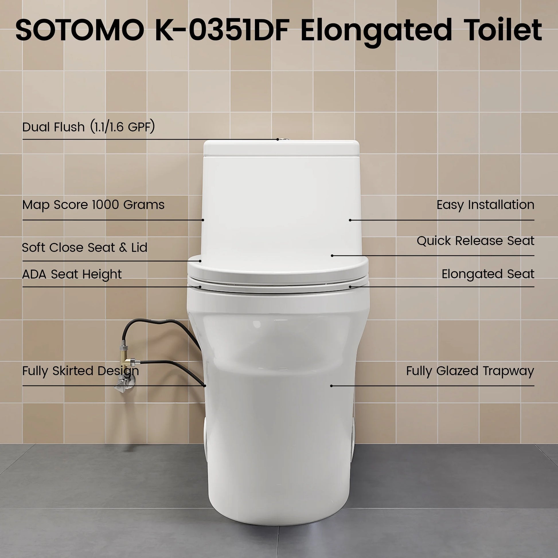 SOTOMO Elongated ADA Compliant One Piece Toilet, 17.2" Comfort Seat Height, 1.1/1.6 GPF Dual Flush, MAP 1000g, Soft-Close & Quick Release Seat, 12" Rough-In, Fully Skirted Toilet for Bathroom