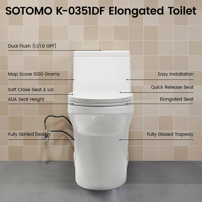 SOTOMO Elongated ADA Compliant One Piece Toilet, 17.2" Comfort Seat Height, 1.1/1.6 GPF Dual Flush, MAP 1000g, Soft-Close & Quick Release Seat, 12" Rough-In, Fully Skirted Toilet for Bathroom