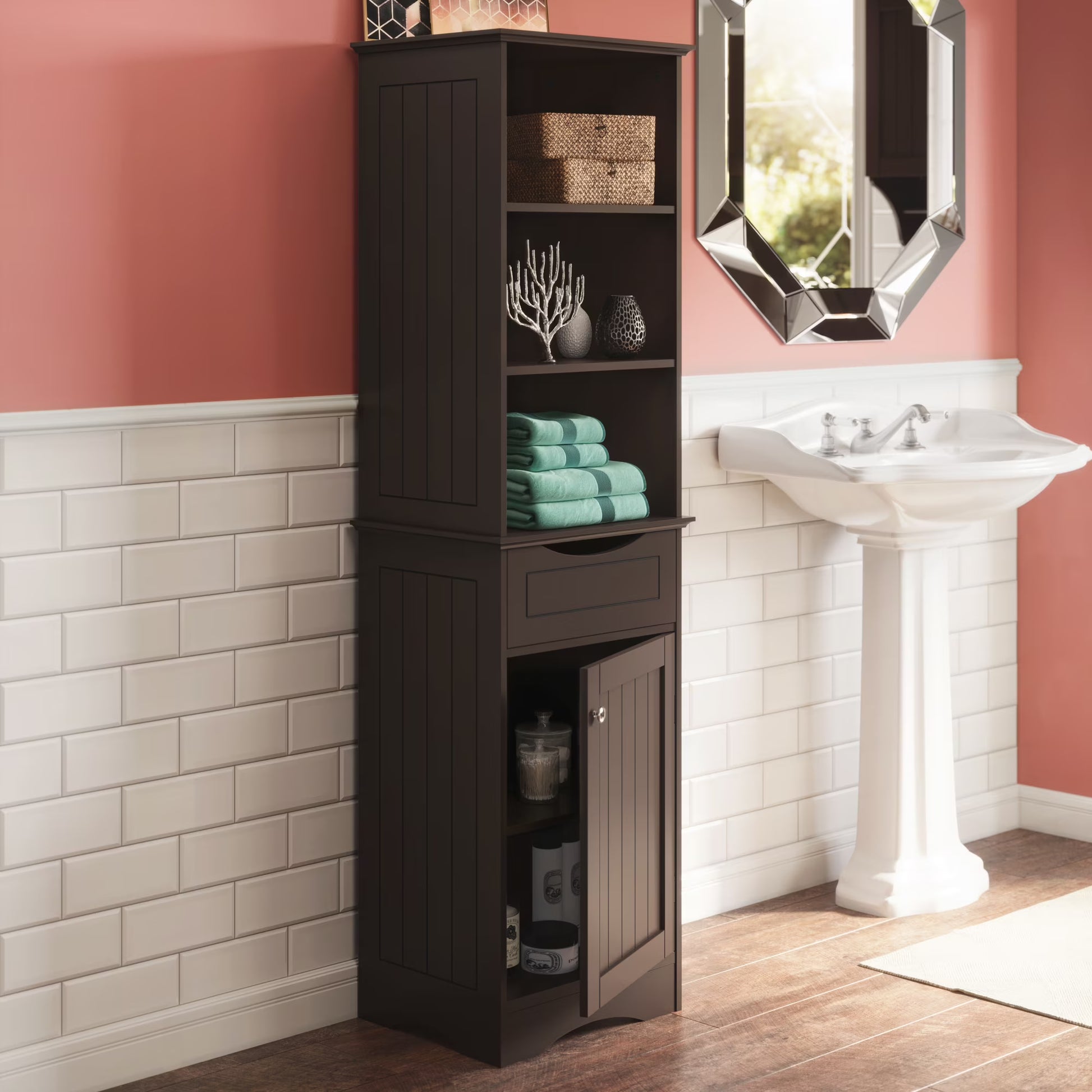 RiverRidge Ashland Tall Bathroom Storage Linen Cabinet Organizer with Drawer - Gray