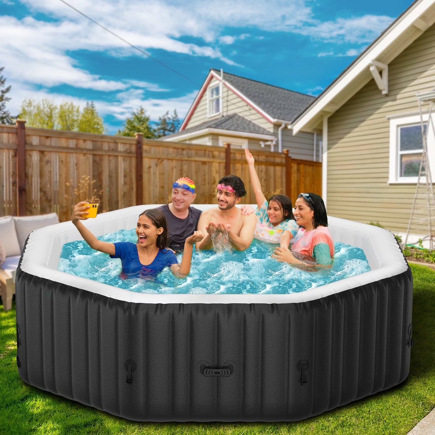 MOPHOTO 72" X 72" X 25" 2-4 Person Inflatable Hot Tub, Large Portable Round Hot tub with 120 Bubble Jets, Outdoor Bathtub Spa Set Included Heater Pump, Filter and Spa Cover