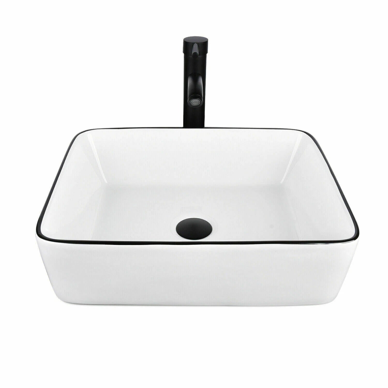 FULLWATT Bathroom Ceramic Sink Vanity Vessel Basin Porcelain Faucet Drain Combo Rectangle,White