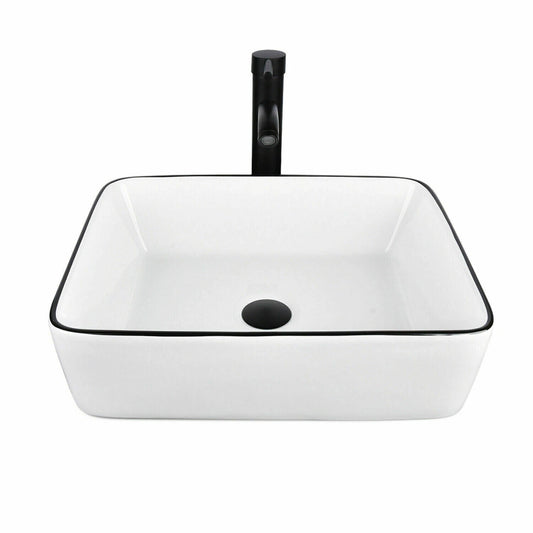 FULLWATT Bathroom Ceramic Sink Vanity Vessel Basin Porcelain Faucet Drain Combo Rectangle,White