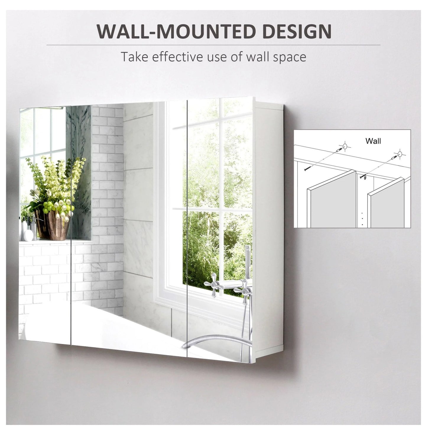 Wall Mounted Mirror Cabinet, Bathroom Medicine Cabinet with Mirror, 3 Doors and Adjustable Shelves, White