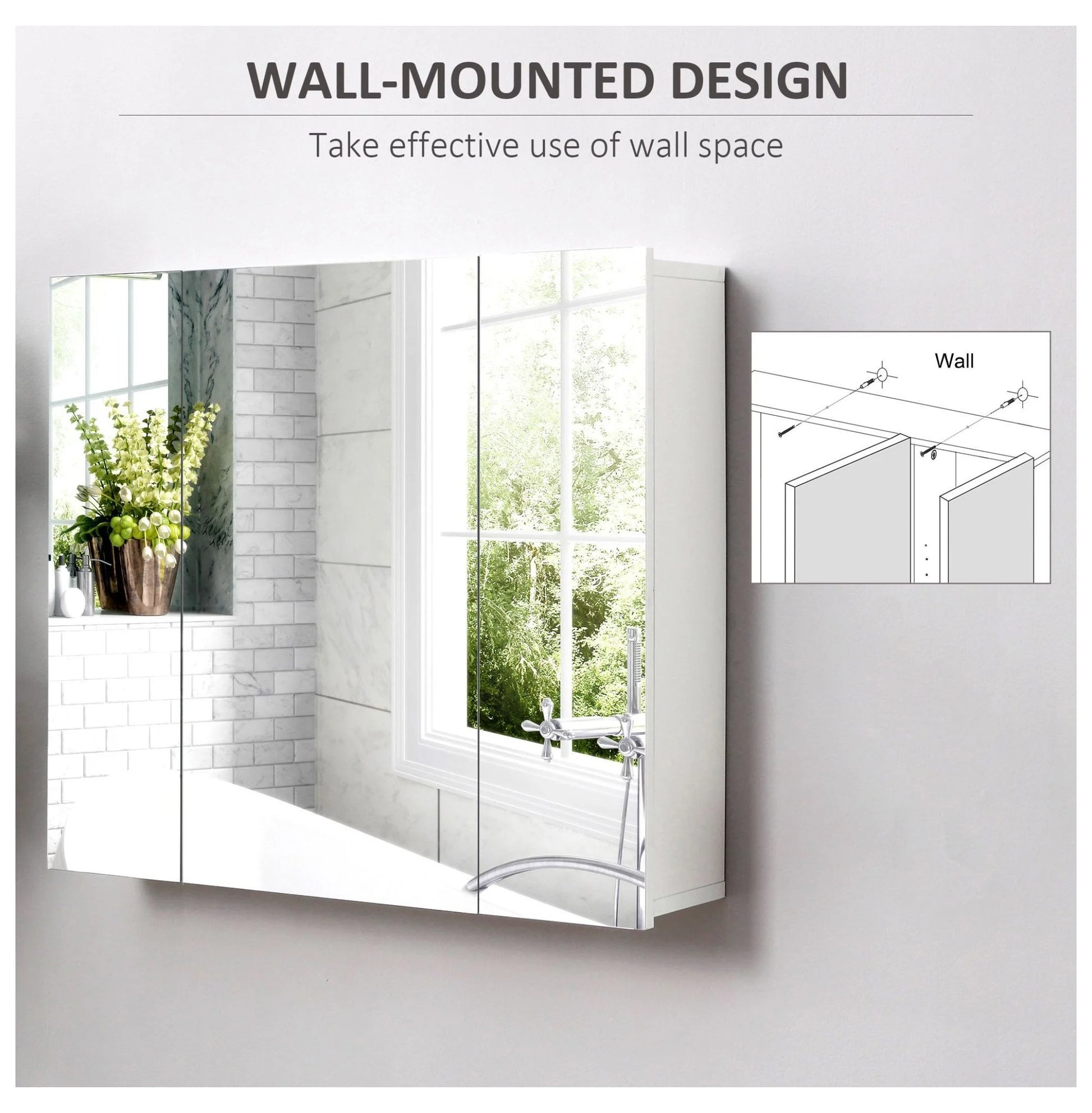 Wall Mounted Mirror Cabinet, Bathroom Medicine Cabinet with Mirror, 3 Doors and Adjustable Shelves, White