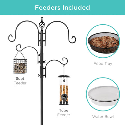 Best Choice Products 91in 4-Hook Bird Feeding Station, Steel Multi-Feeder Stand w/ 2 Feeders, Tray, Bird Bath - Black
