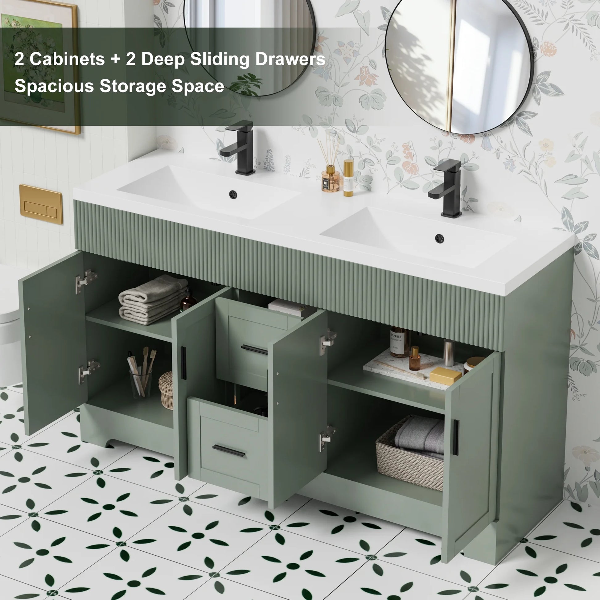 Eclife 60" Double Sink Bathroom Vanity with Resin Sink Top and Zinc Alloy Faucet