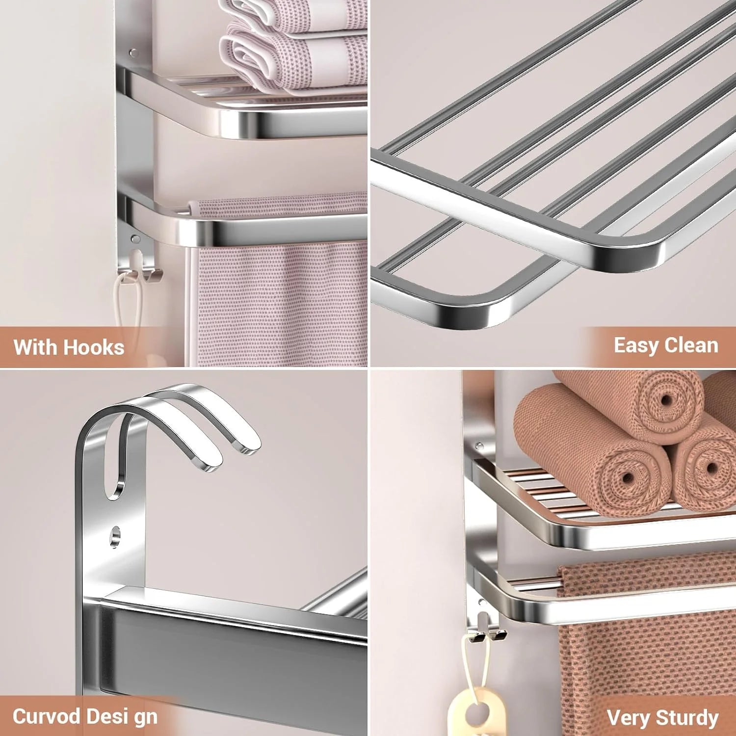 3-Tier Towel Racks for Bathroom with Towel Bars Multilayer Hotel Towel Shelf Stainless Steel Wall-Mounted Brushed Finish Holder with Towel Shelves 23 Inches