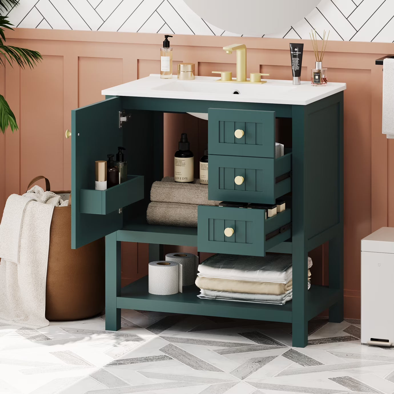 30" Transitional Green Bathroom Vanity with Sink Combo, Solid Wood Storage Cabinet featuring Soft Close Doors & 2 Drawers, Open Shelf, Waterproof Design & Easy Assembly for Modern Bathrooms